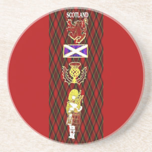 Scottish Lion,Thistle,Flag and Piper on Red Tartan Coaster