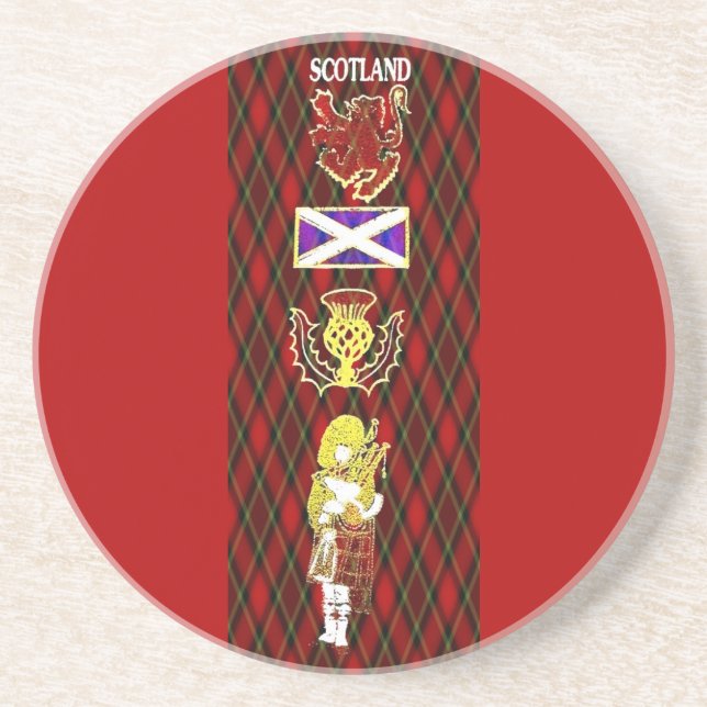 Scottish Lion,Thistle,Flag and Piper on Red Tartan Coaster (Front)
