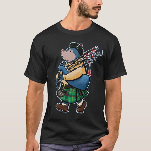 Scottish Mole Of Kintyre Marching With Bagpipes T-Shirt (Front)