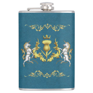 Scottish Personalised Gold Thistle Blue  Hip Flask