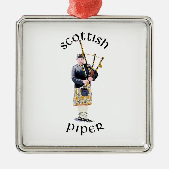 Scottish Piper - Tan Plaid Metal Tree Decoration (Front)