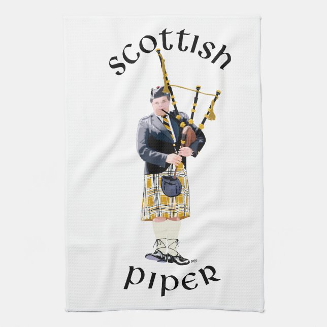 Scottish Piper - Tan Plaid Tea Towel (Vertical)