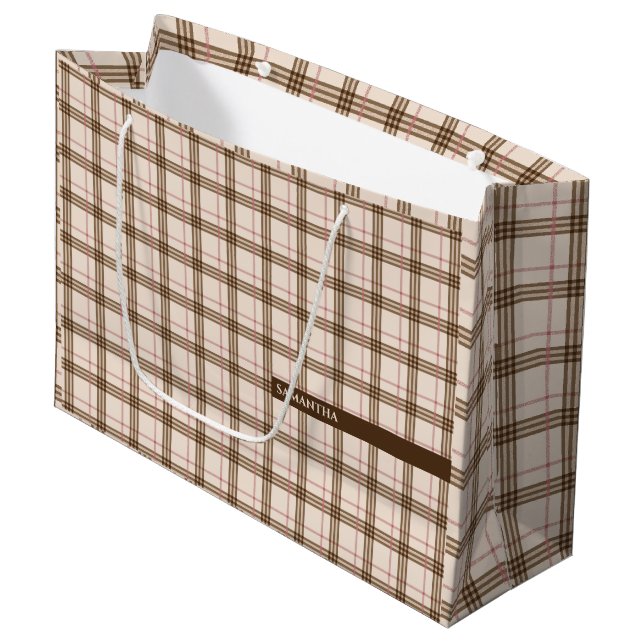 Scottish plaid pattern tartan brown beige red large gift bag (Front Angled)