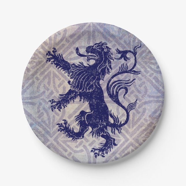 Scottish Rampant Lion Navy Blue Celtic Knot Paper Plate (Front)