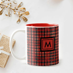 Scottish Red And Black Tartan Pattern And Monogram Two-Tone Coffee Mug