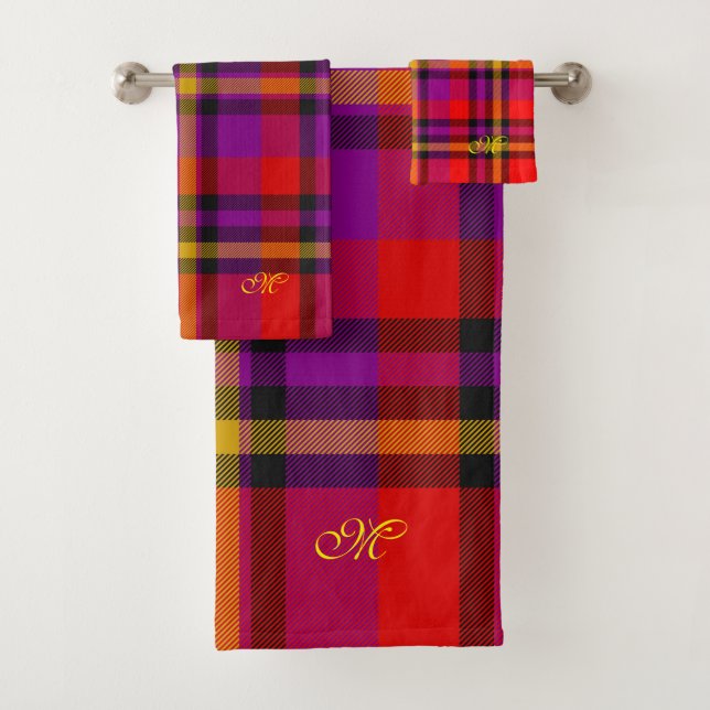 Scottish Red Purple Orange Tartan Plaid Pattern Bath Towel Set (Insitu)