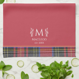 Scottish Red Tartan Custom Monogram Traditional Tea Towel