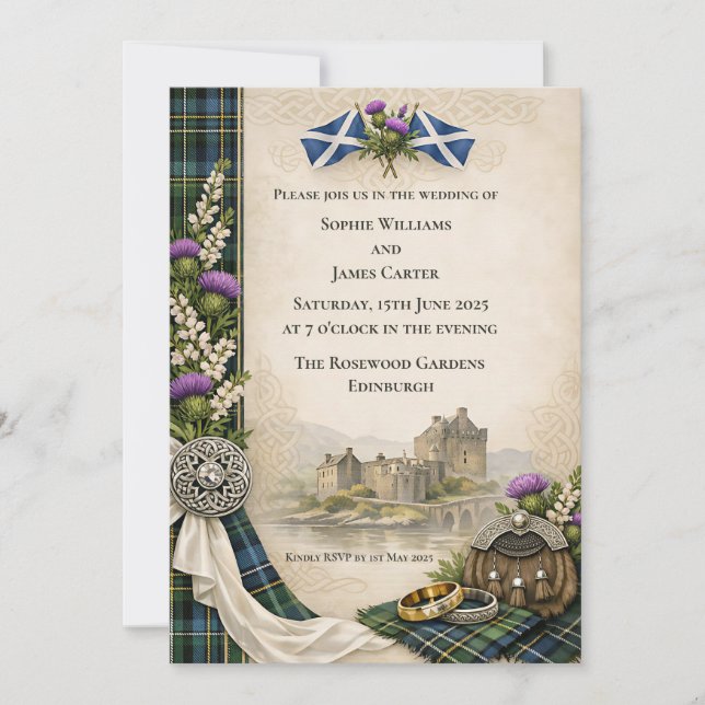 Scottish Saltire Thistle Celtic Knotwork Wedding I Invitation (Front)
