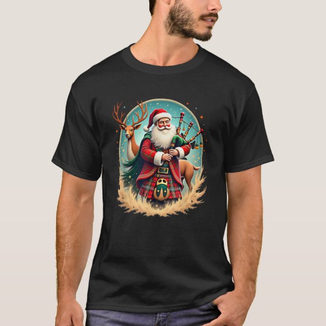 Scottish Santa Claus Playing Bagpipes Christmas Ho T-Shirt (Front)