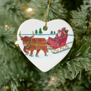 Scottish Santa with Highland Cow pulling sleigh Ceramic Tree Decoration