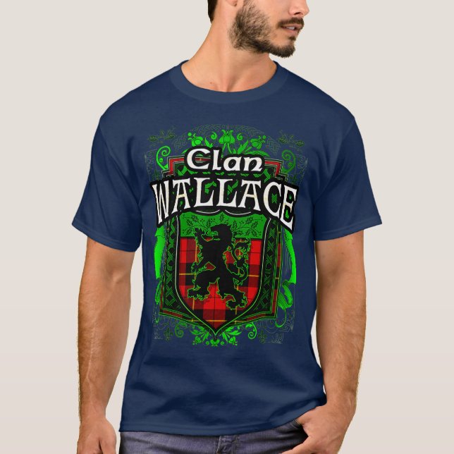 Scottish Surname Clan Wallace Tartan Lion Crest T-Shirt (Front)