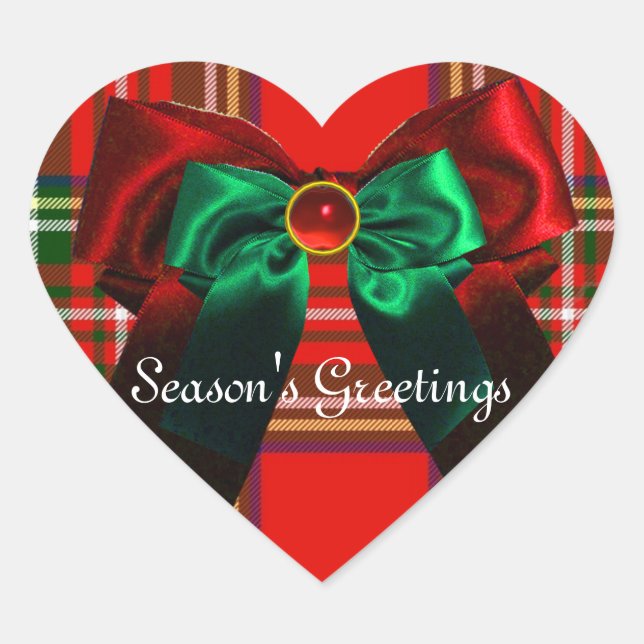 SCOTTISH TARTAN AND RED GREEN BOWS CHRISTMAS HEART HEART STICKER (Front)