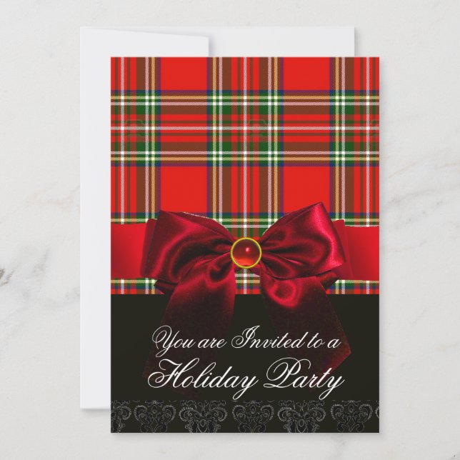 SCOTTISH TARTAN AND RED GREEN BOWS CHRISTMAS PARTY INVITATION (Front)