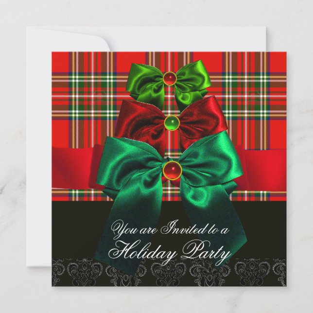 SCOTTISH TARTAN AND RED GREEN BOWS CHRISTMAS PARTY INVITATION (Front)