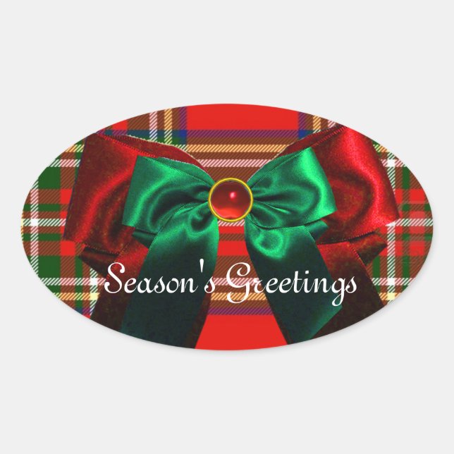 SCOTTISH TARTAN AND RED GREEN BOWS CHRISTMAS PARTY OVAL STICKER (Front)