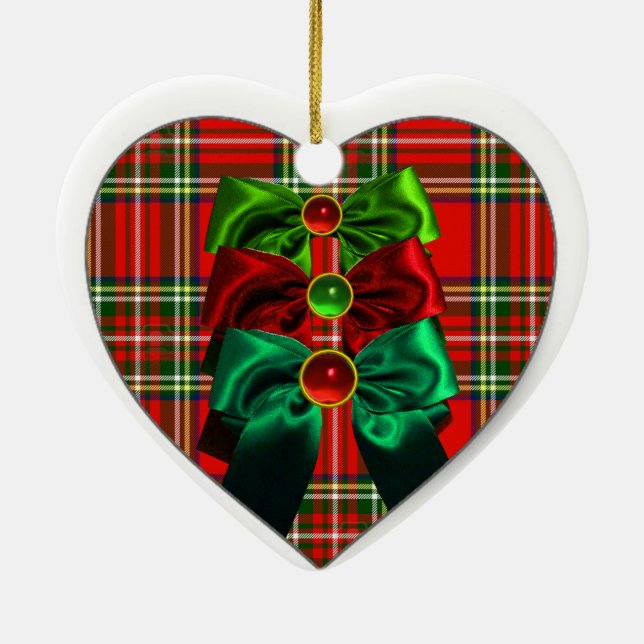 SCOTTISH TARTAN AND RED GREEN CHRISTMAS BOWS HEART CERAMIC TREE DECORATION (Back)