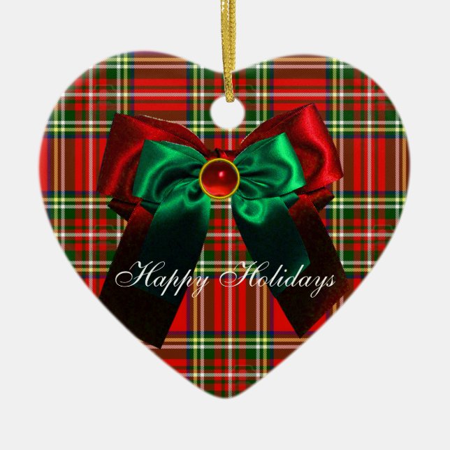 SCOTTISH TARTAN AND RED GREEN CHRISTMAS BOWS HEART CERAMIC TREE DECORATION (Front)