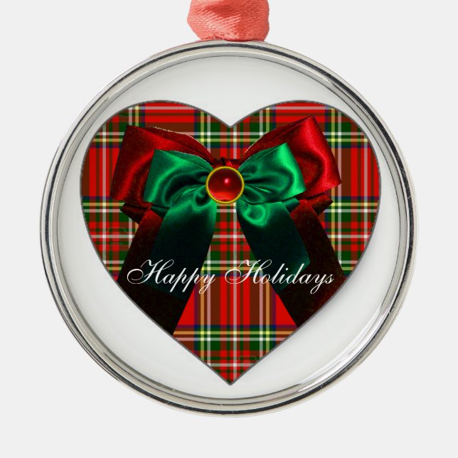 SCOTTISH TARTAN AND RED GREEN CHRISTMAS BOWS HEART METAL TREE DECORATION (Front)