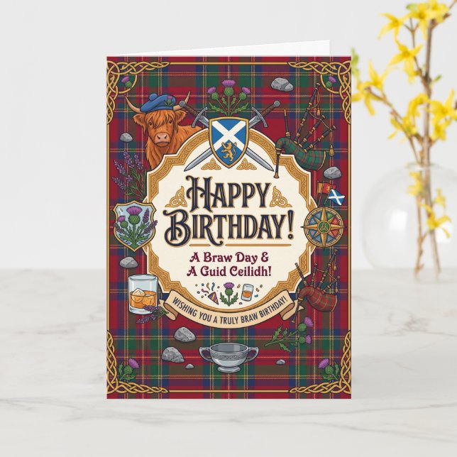 Scottish Tartan Birthday Card (Yellow Flower)