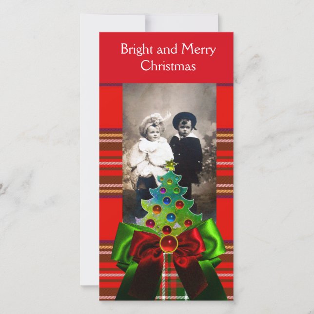 SCOTTISH TARTAN,CHRISTMAS TREE AND RED GREEN BOWS HOLIDAY CARD (Front)