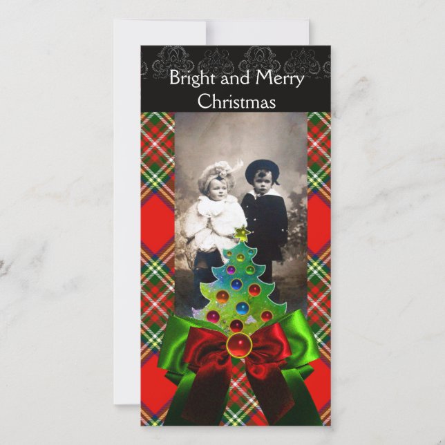 SCOTTISH TARTAN,CHRISTMAS TREE AND RED GREEN BOWS HOLIDAY CARD (Front)