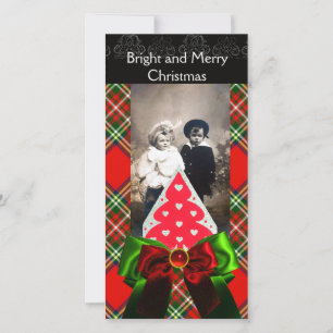 SCOTTISH TARTAN,CHRISTMAS TREE AND RED GREEN BOWS HOLIDAY CARD