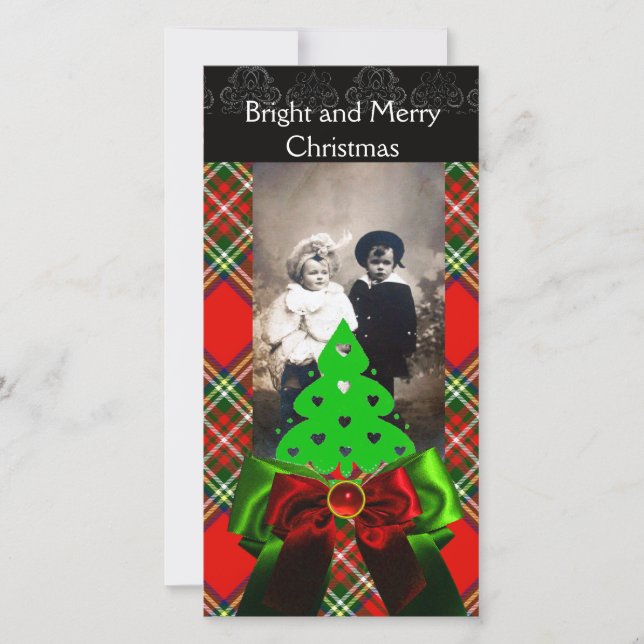 SCOTTISH TARTAN,CHRISTMAS TREE AND RED GREEN BOWS HOLIDAY CARD (Front)