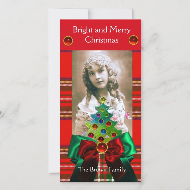 SCOTTISH TARTAN,CHRISTMAS TREE AND RED GREEN BOWS HOLIDAY CARD (Front)
