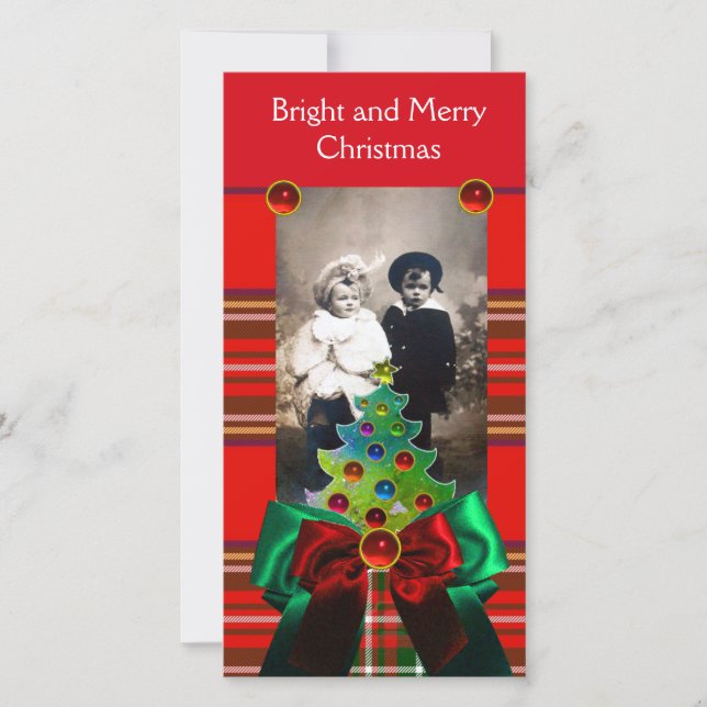 SCOTTISH TARTAN,CHRISTMAS TREE AND RED GREEN BOWS HOLIDAY CARD (Front)