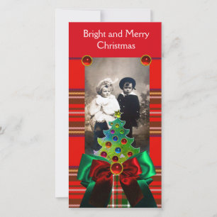 SCOTTISH TARTAN,CHRISTMAS TREE AND RED GREEN BOWS HOLIDAY CARD