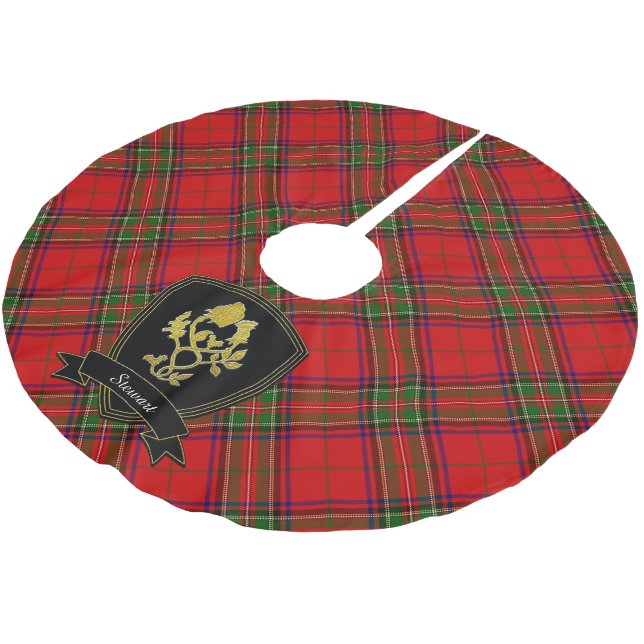 Scottish Tartan Gold Thistle Rose Your Name Brushed Polyester Tree Skirt (Angled)