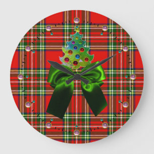 SCOTTISH TARTAN ,GREEN BOW AND CHRISTMAS TREE LARGE CLOCK