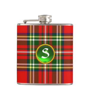 SCOTTISH TARTAN GREEN EMERALD GEMSTONE MONOGRAM HIP FLASK