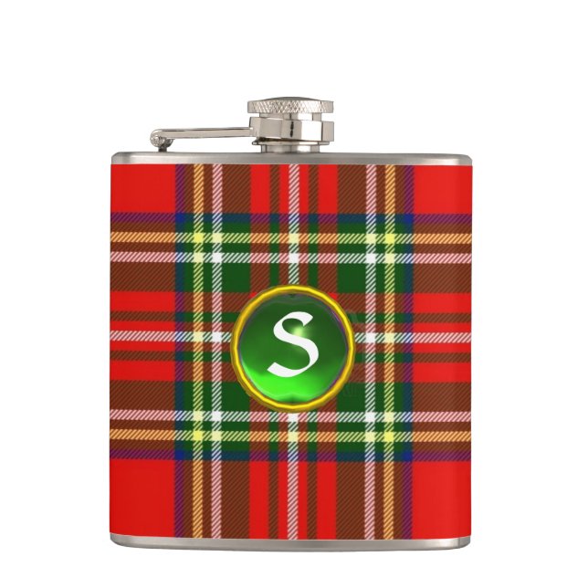 SCOTTISH TARTAN GREEN EMERALD GEMSTONE MONOGRAM HIP FLASK (Front)