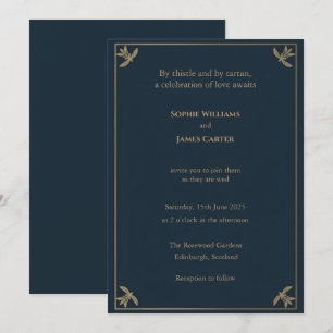 Scottish Tartan Navy Gold Botanical Leaf Corner We Invitation
