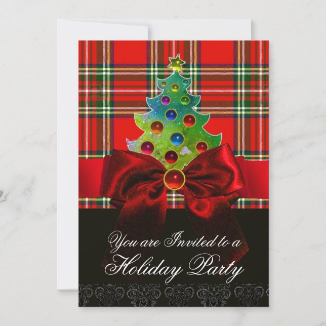 SCOTTISH TARTAN ,RED BOW AND CHRISTMAS TREE INVITATION (Front)