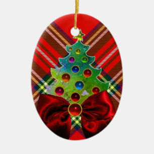 SCOTTISH TARTAN ,RED GREEN BOWS AND CHRISTMAS TREE CERAMIC TREE DECORATION