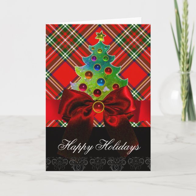 SCOTTISH TARTAN ,RED GREEN BOWS AND CHRISTMAS TREE HOLIDAY CARD (Front)