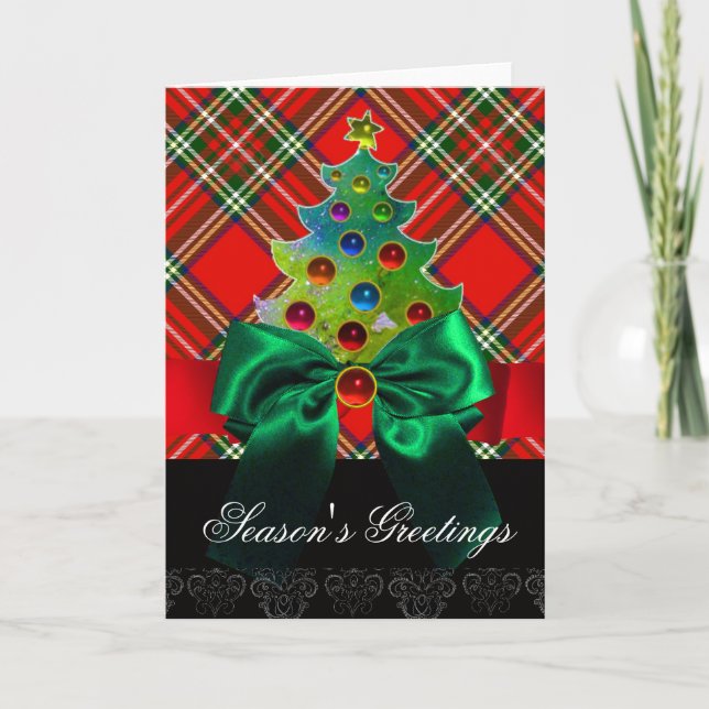 SCOTTISH TARTAN ,RED GREEN BOWS AND CHRISTMAS TREE HOLIDAY CARD (Front)