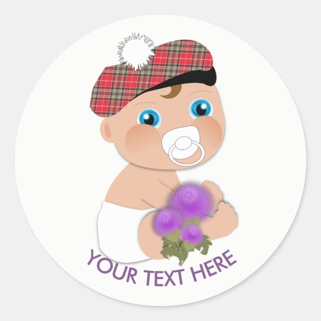 Scottish Tartan |Thistle Baby Shower Personalised Classic Round Sticker (Front)