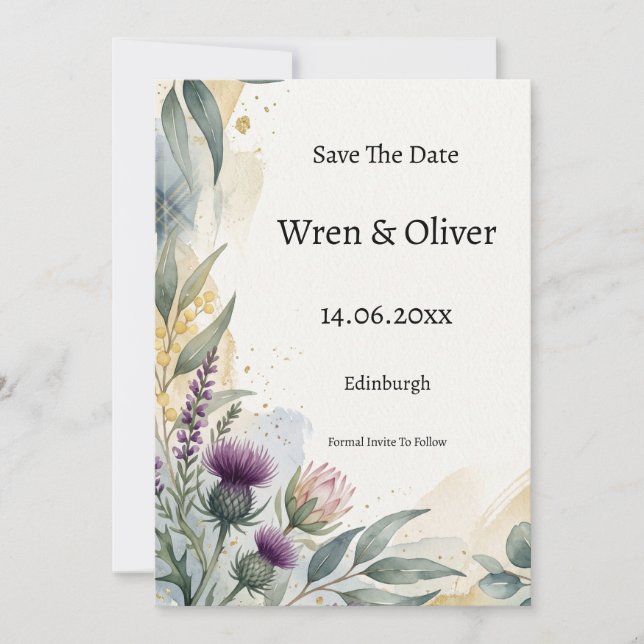 Scottish Tartan Thistle Floral Save the Date Card (Front)