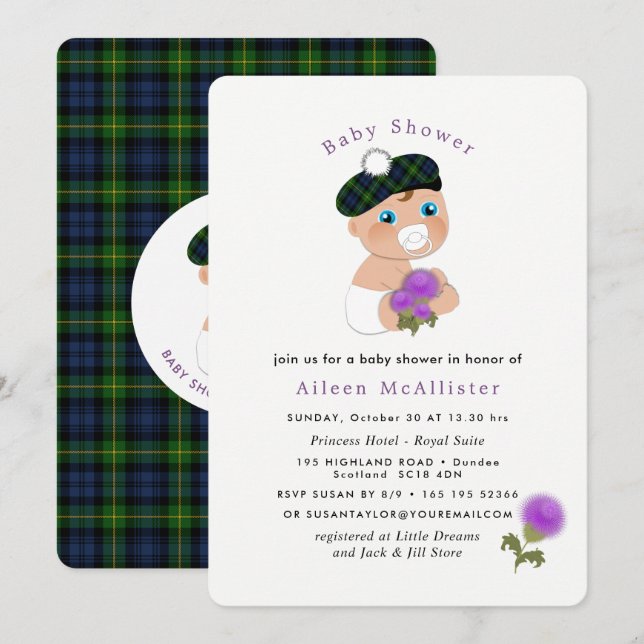 Scottish Tartan Thistle Flower Cute Baby Shower In Invitation (Front/Back)