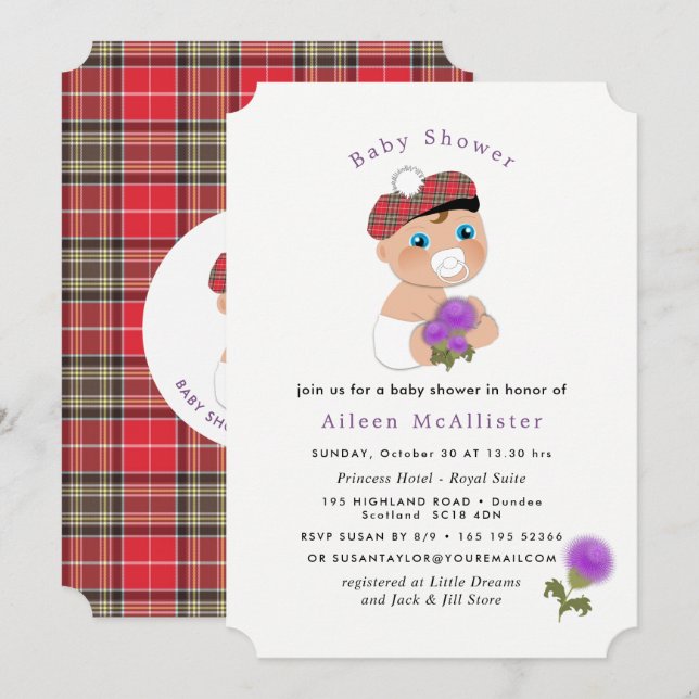 Scottish Tartan |Thistle Flower Cute Baby Shower Invitation (Front/Back)