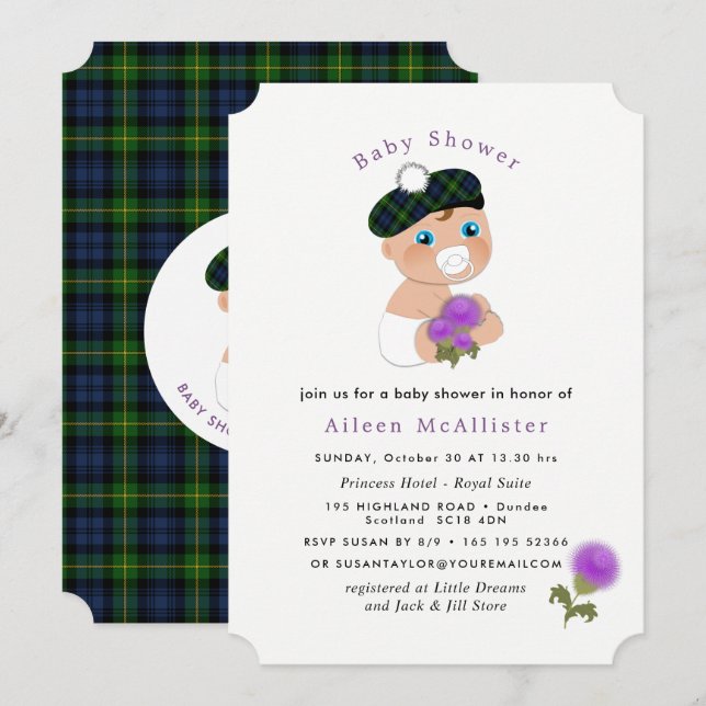 Scottish Tartan Thistle Flower Cute Baby Shower Invitation (Front/Back)