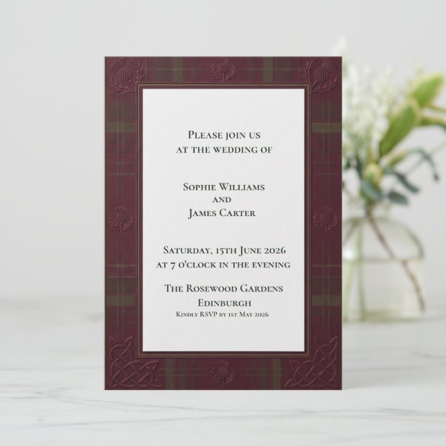 Scottish Tartan Thistle Frame Wedding | Dark Red H Invitation (Standing Front)