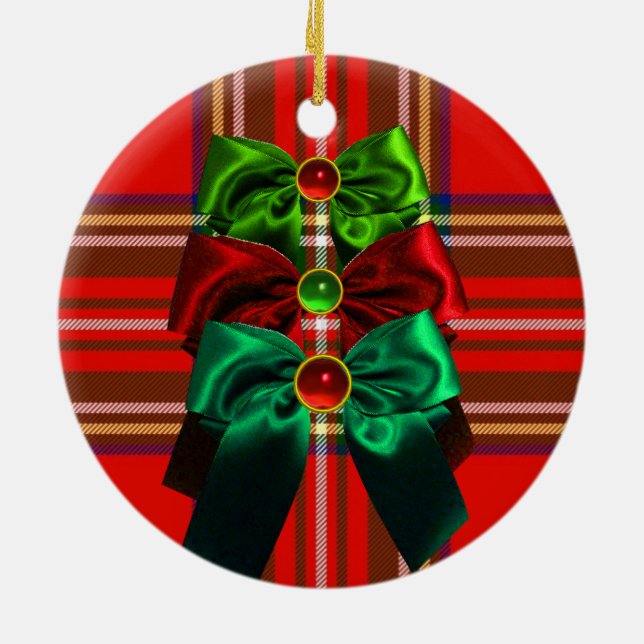 SCOTTISH TARTAN WITH RED GREEN CHRISTMAS BOWS CERAMIC TREE DECORATION (Back)