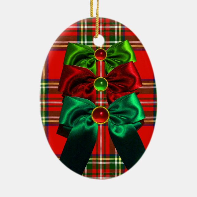 SCOTTISH TARTAN WITH RED GREEN CHRISTMAS BOWS CERAMIC TREE DECORATION (Back)