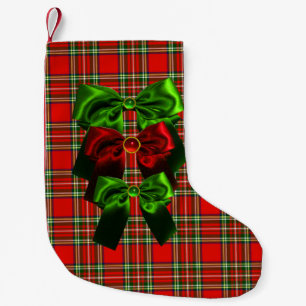 SCOTTISH TARTAN WITH RED GREEN CHRISTMAS BOWS SMALL CHRISTMAS STOCKING