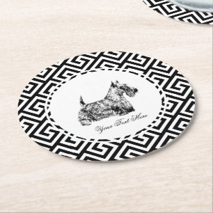 Scottish Terrier and Greek Key Personalise Round Paper Coaster