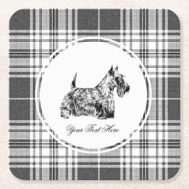 Scottish Terrier and Plaid Personalise Square Paper Coaster (Front)